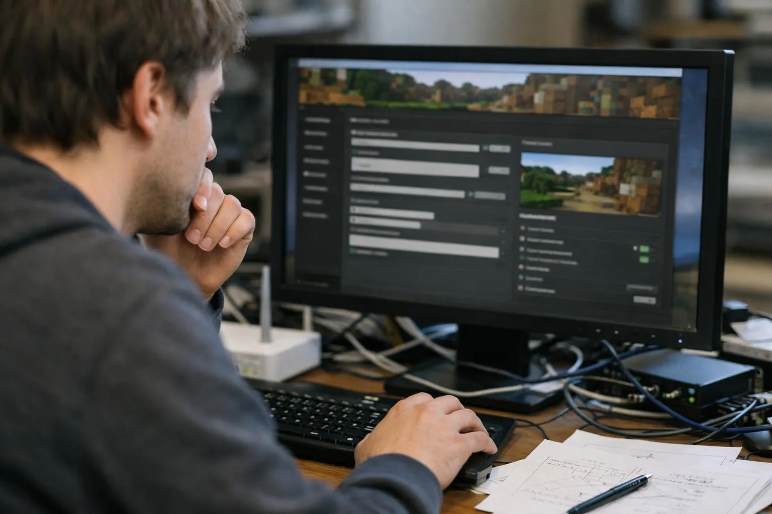 Person configuring Minecraft server settings on a computer with cables and router nearby.