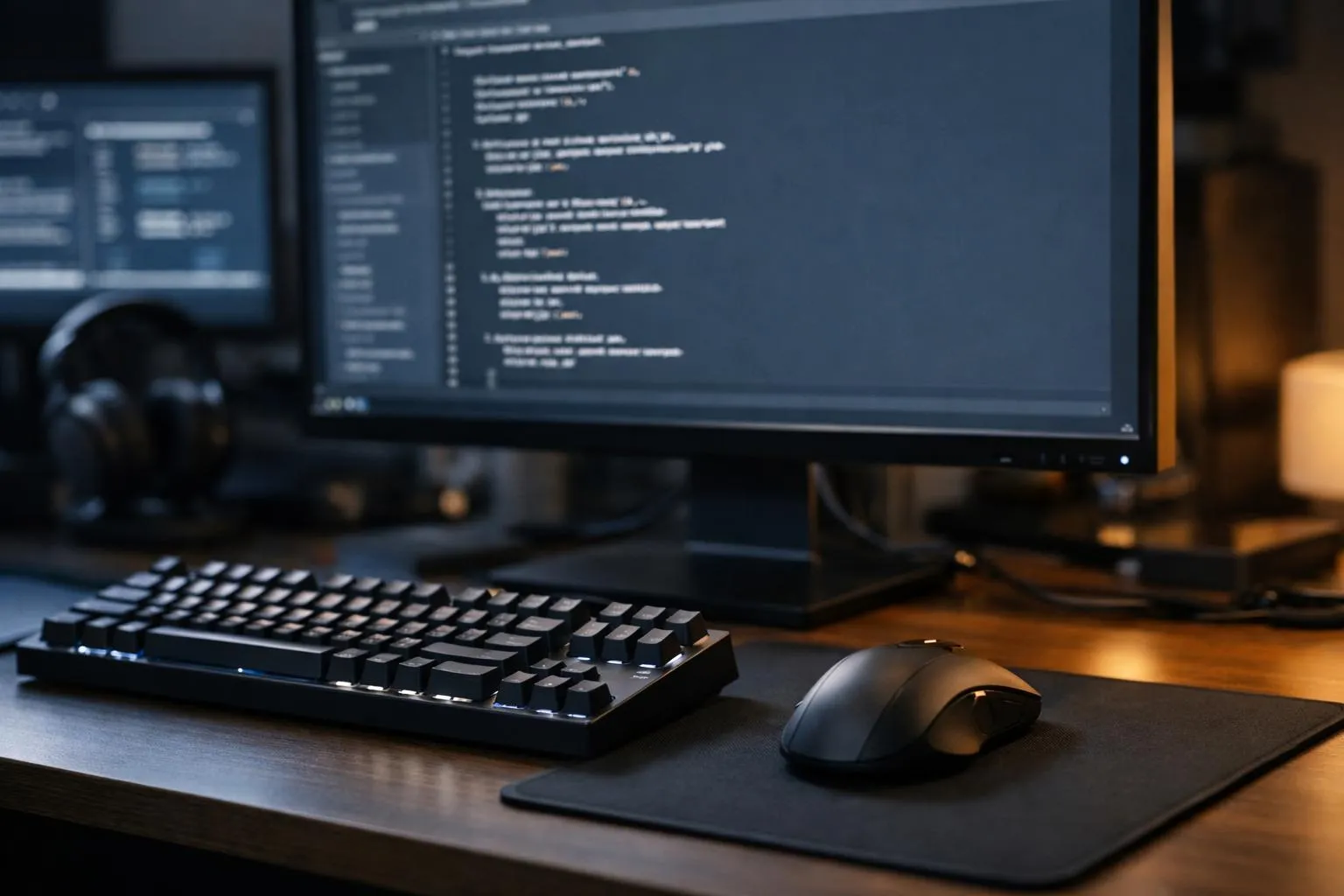 Desk with computer, keyboard, mouse, and programming code on screen.