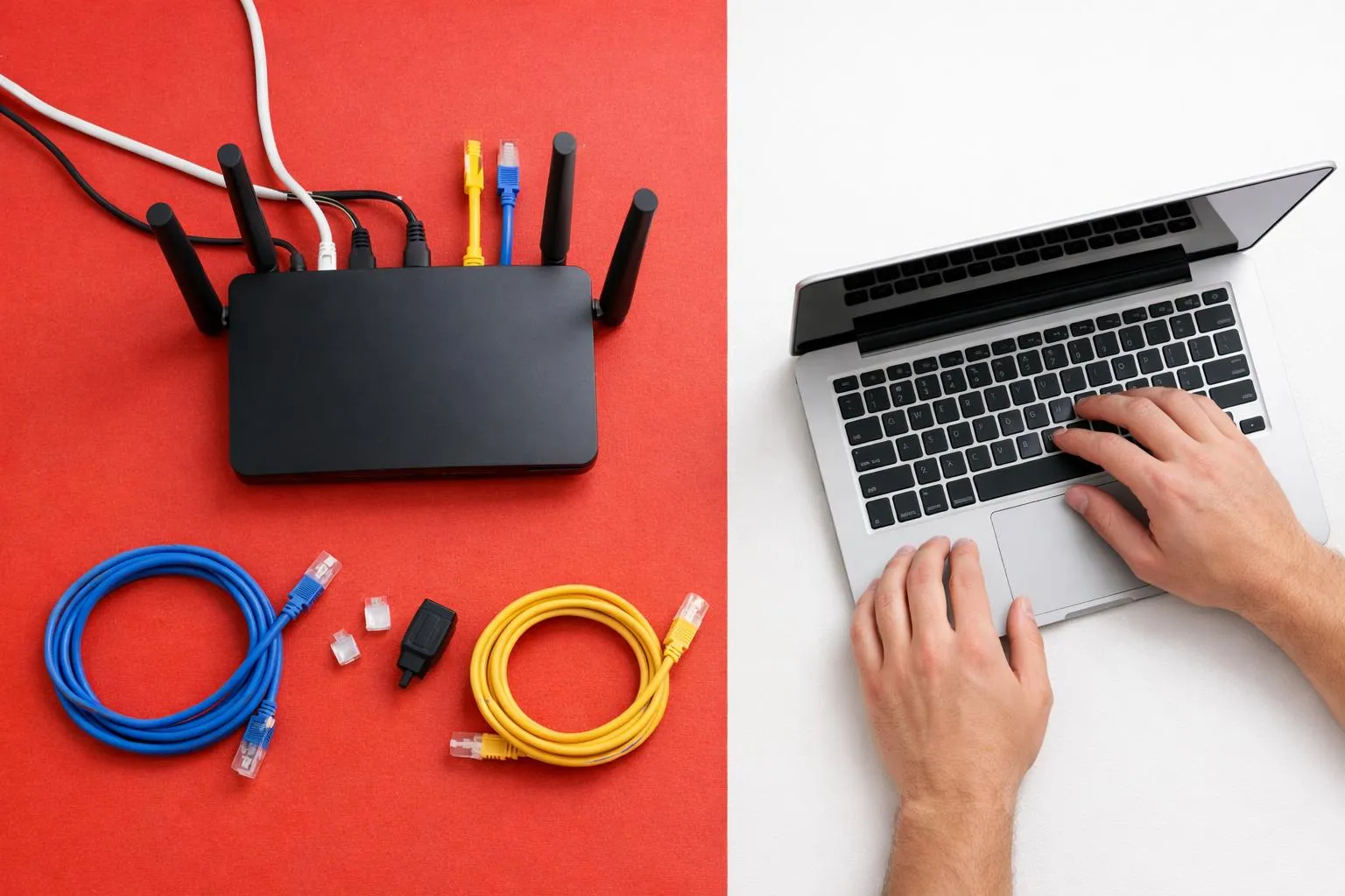 Networking equipment, laptop, and computer accessories on red background.